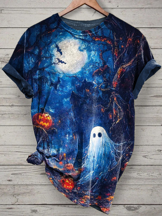 Unisex Halloween Cute Ghost Printed Vintage Fashion Loose Short Sleeve T-Shirt