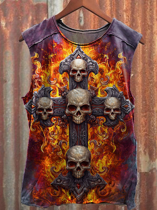 Men's Casual Flame Cross Skull Printed Tank Top