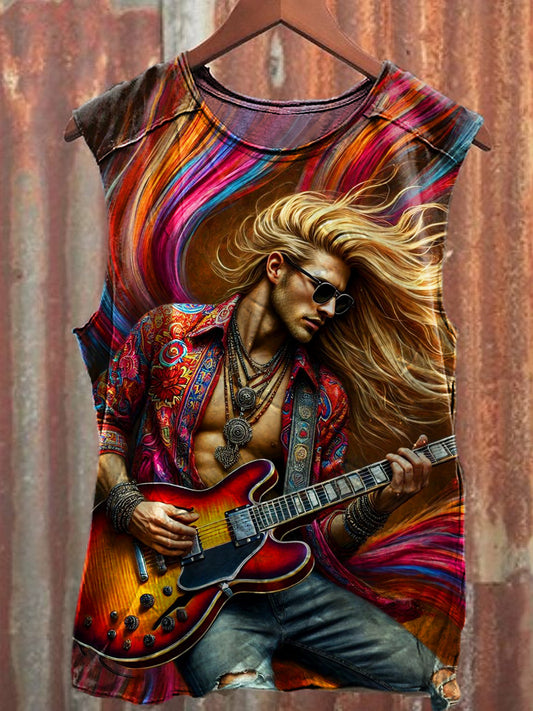 Men's Casual Guitarist Printed Tank Top