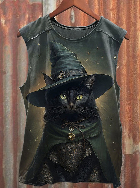 Men's Casual Wizard Cat Printed Tank Top