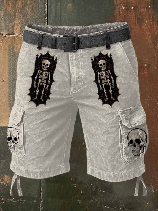 Men's Retro Halloween Skeleton Zombie Casual Overalls Shorts