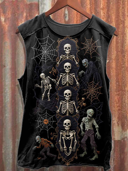 Halloween Horror Skull Embroidery Print Casual Cotton Tank Top