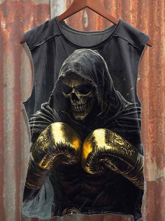 Retro Boxing Skull Print Casual Cotton Tank Top