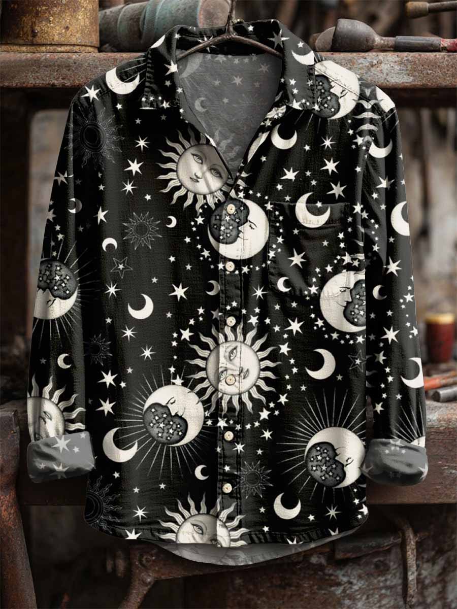 Men's Retro Sun and Moon Print Long Sleeve Shirt