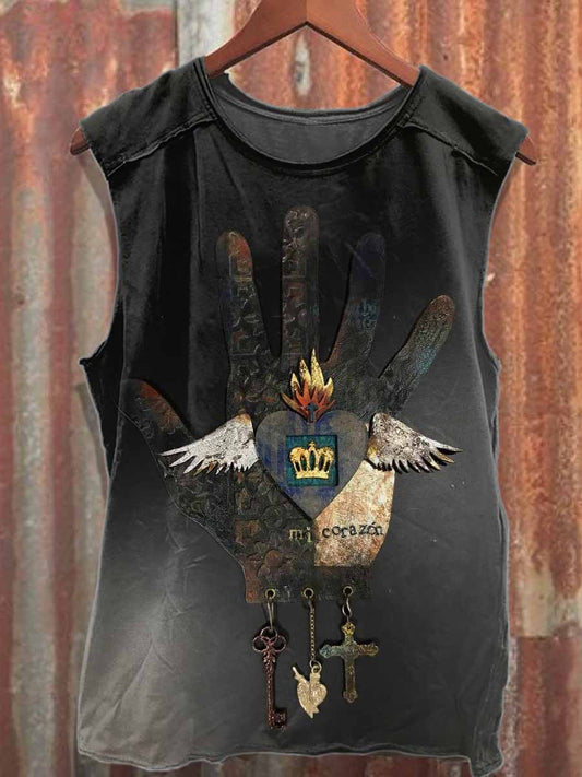 Vintage Rusty Handprint Casual Loose Cotton Tank Top