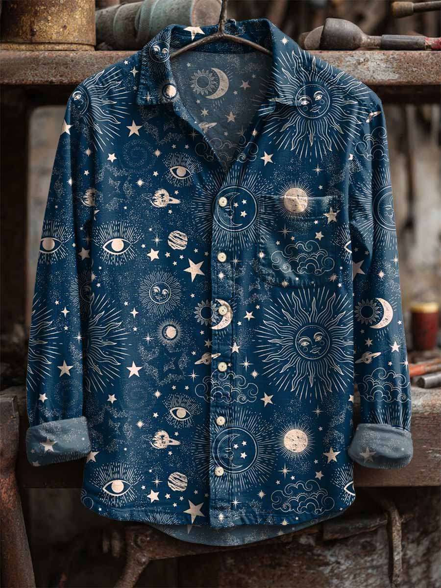 Men's Retro Star and Moon Print Long Sleeve Shirt