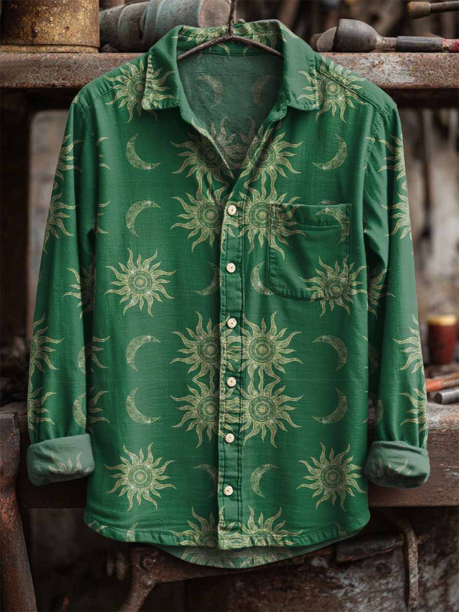 Men's Retro Sun and Moon Print Long Sleeve Shirt