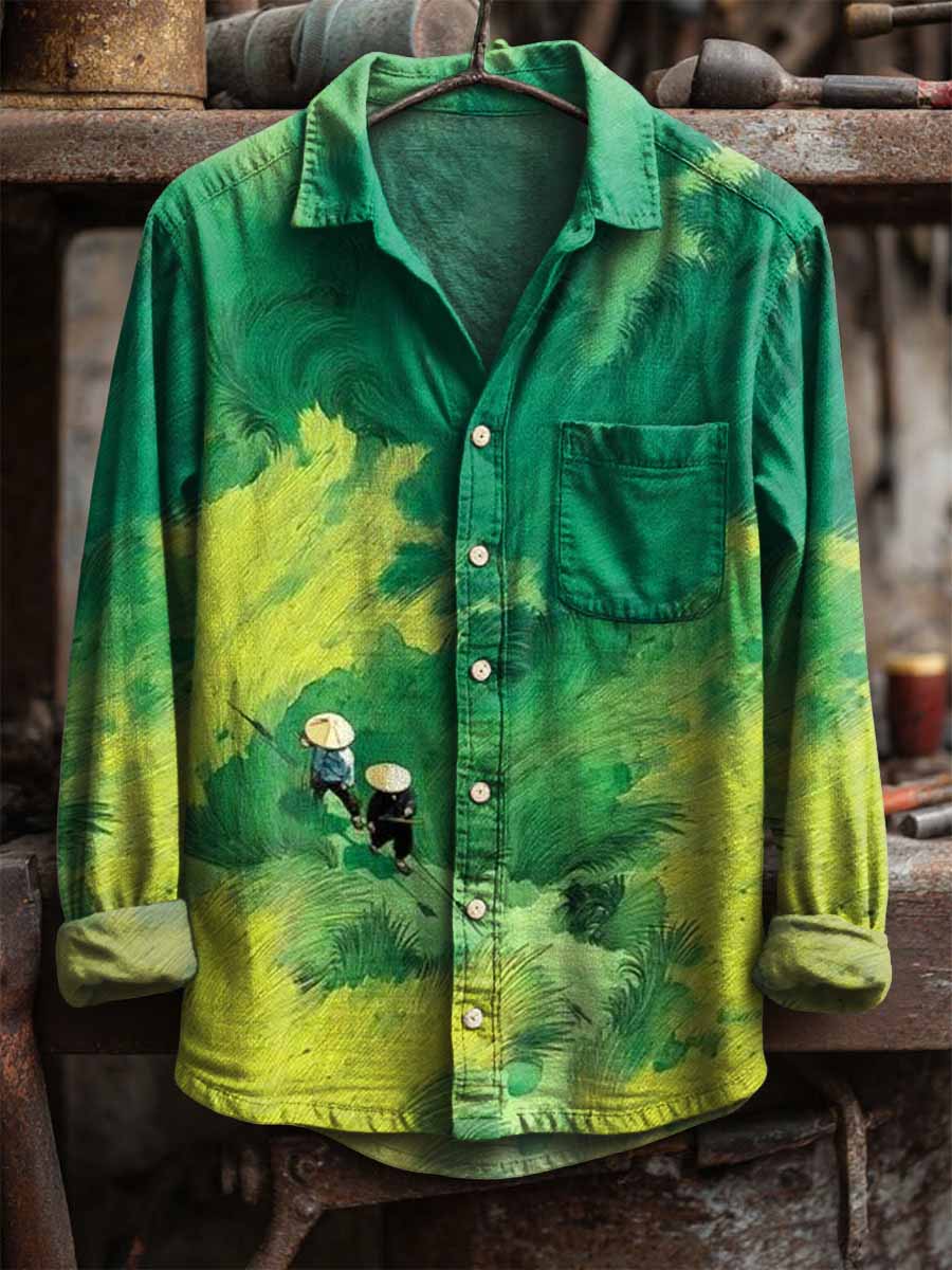 Men's Vintage Forest and Grassland Print Long Sleeve Shirt