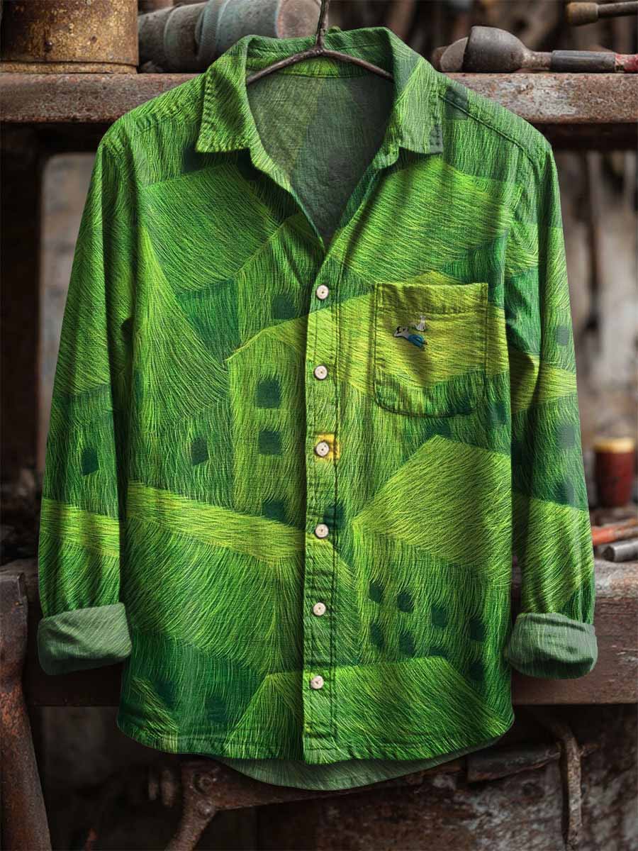 Men's Vintage Forest and Grassland Print Long Sleeve Shirt