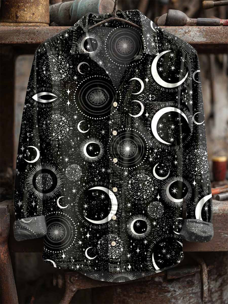 Men's Retro Star and Moon Print Long Sleeve Shirt
