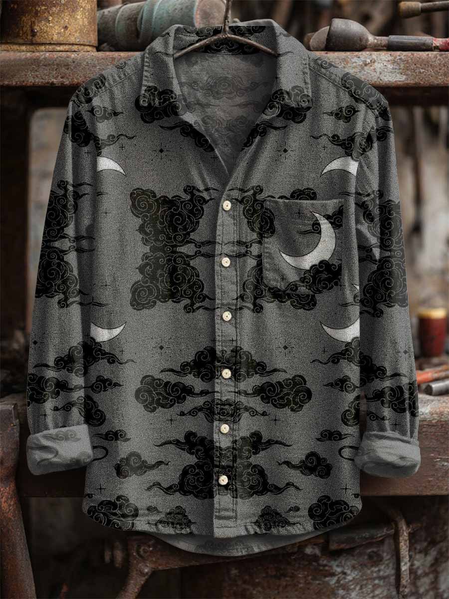 Men's Retro Moon Print Long Sleeve Shirt