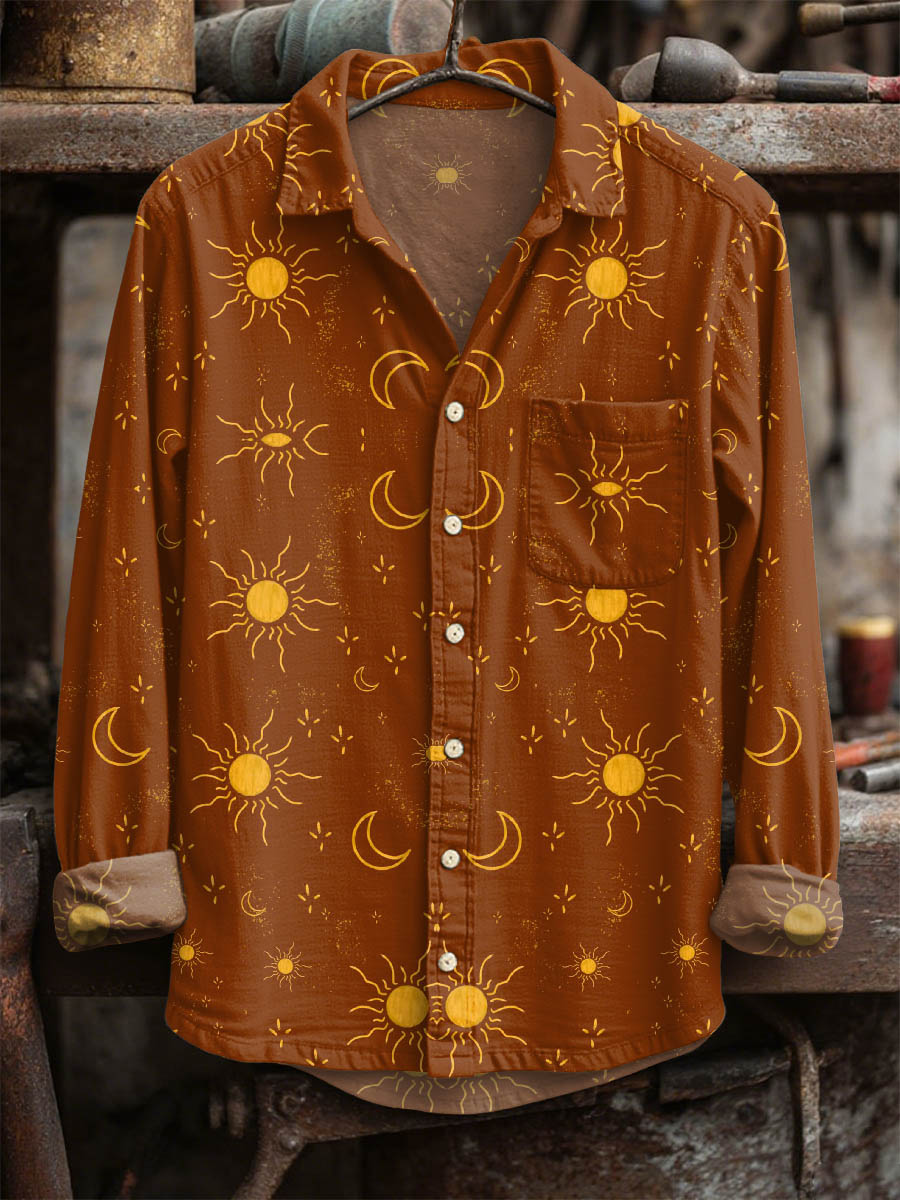 Men's Retro Sun and Moon Print Long Sleeve Shirt