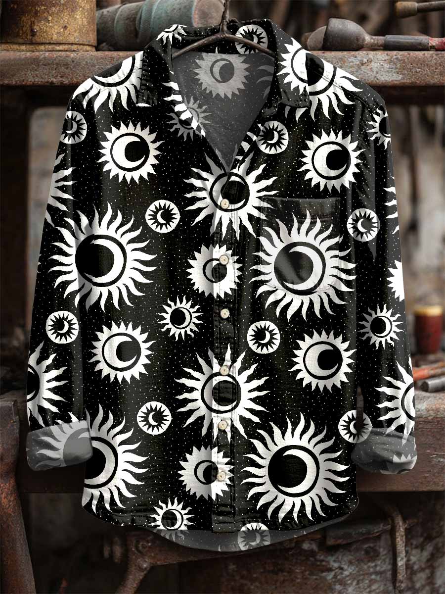 Men's Retro Sun and Moon Print Long Sleeve Shirt