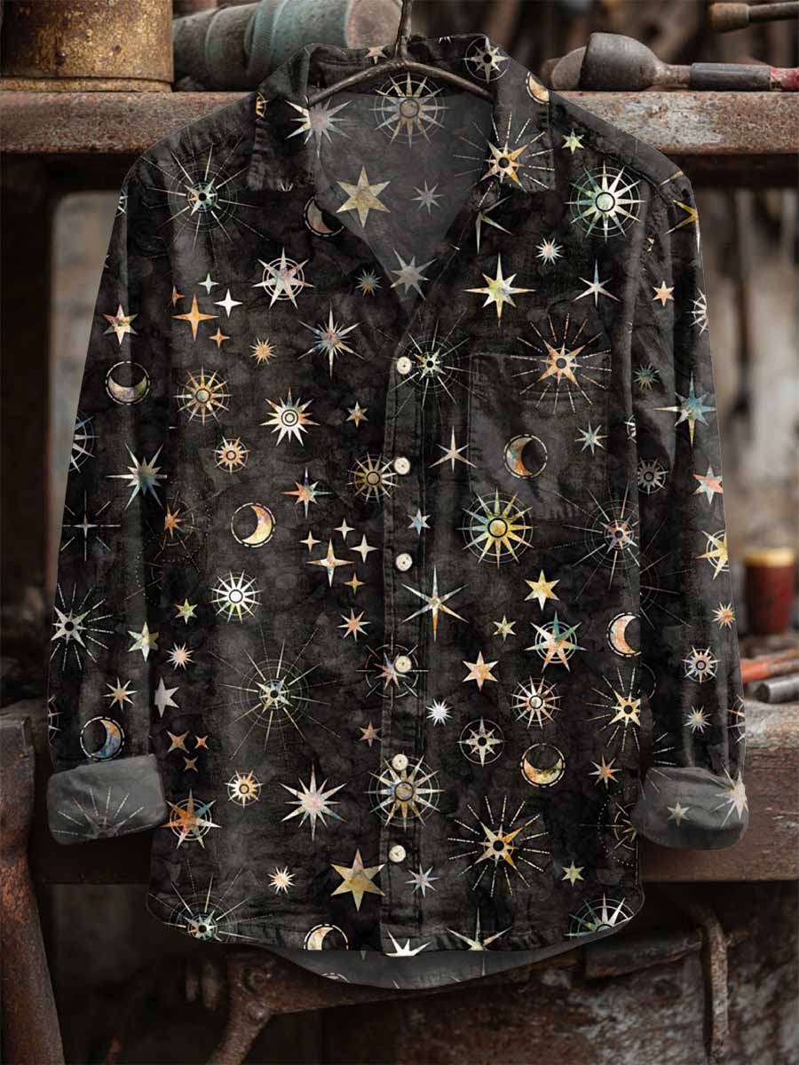 Men's Retro Sun and Moon Print Long Sleeve Shirt