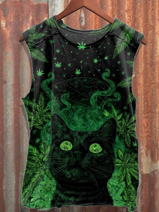 Retro Graffiti Cat Print Casual Cotton Tank Top
