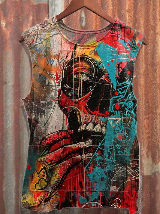 Retro Graffiti Print Casual Cotton Tank Top