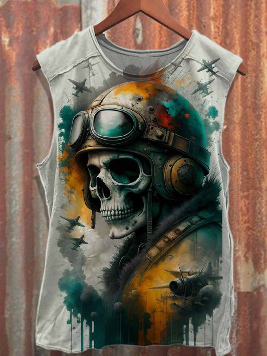 Retro Graffiti Skull Print Casual Cotton Tank Top