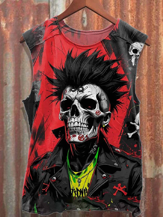 Retro Distressed Punk Print Cotton Tank Top
