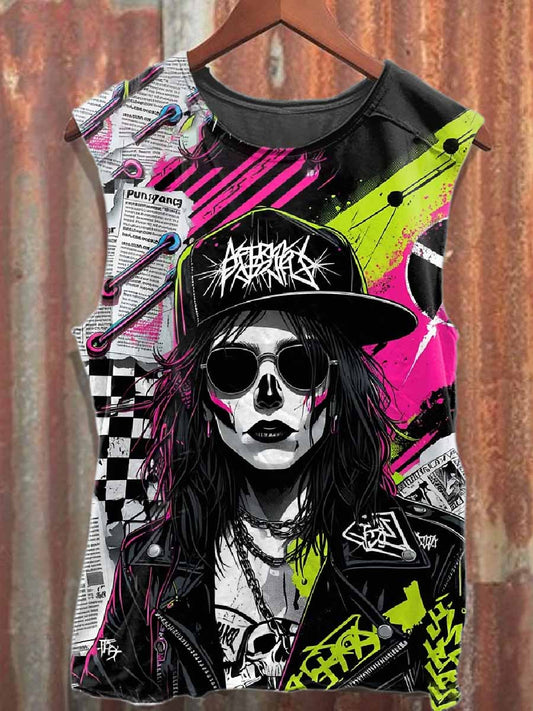 Retro Distressed Punk Print Cotton Tank Top