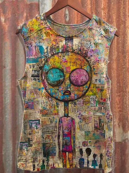 Retro Graffiti Print Cotton Tank Top