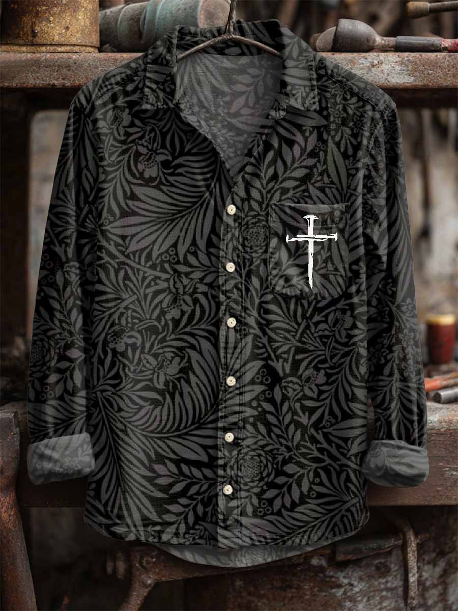 Men's Retro Cross Print Casual Long Sleeve Shirt