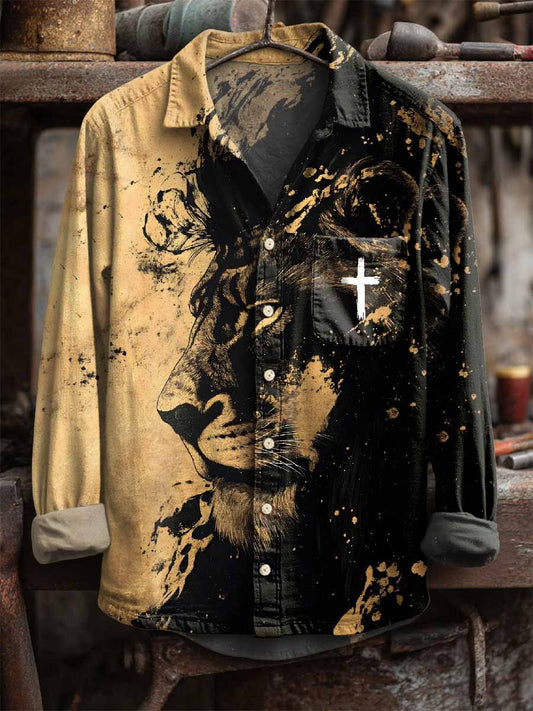 Men's Retro Cross Print Casual Long Sleeve Shirt
