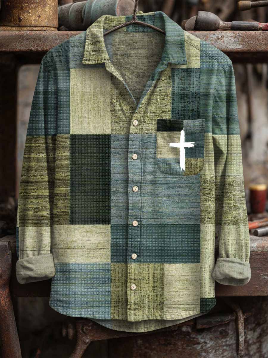 Men's Retro Cross Print Casual Long Sleeve Shirt