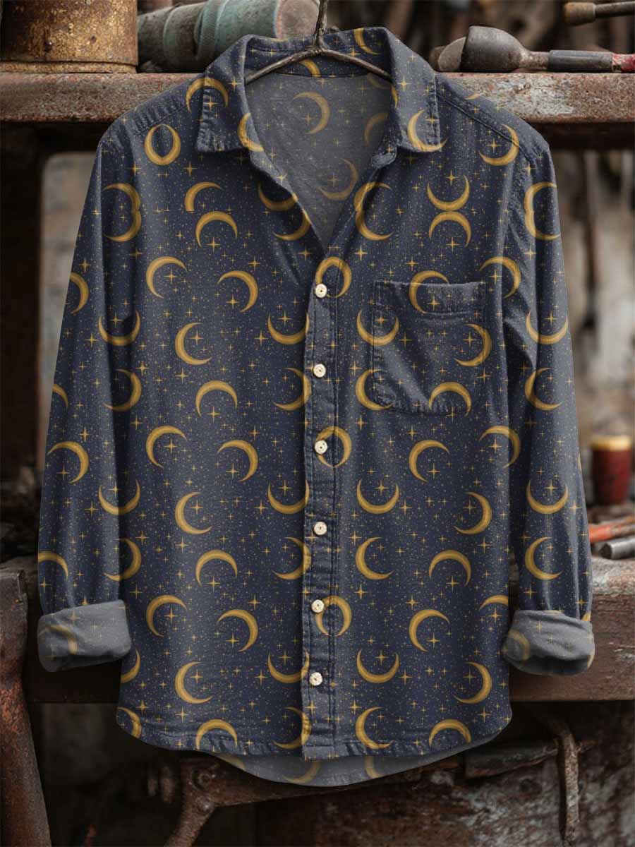 Retro Sun and Moon Casual Long Sleeve Shirt