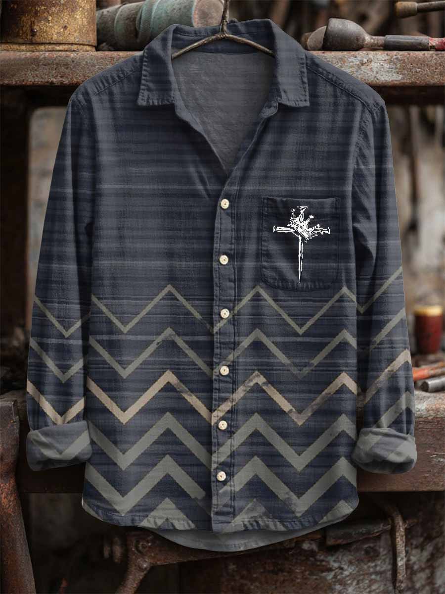 Men's Retro Cross Print Casual Long Sleeve Shirt