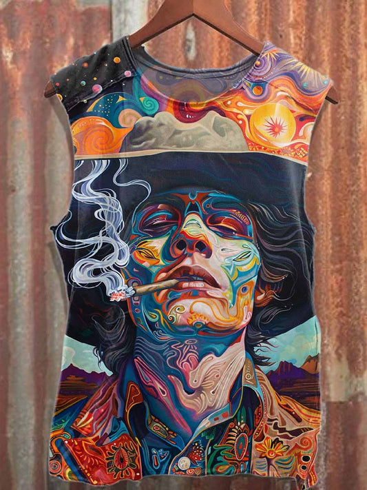 Retro Western Cowboy Print Casual Cotton Tank Top