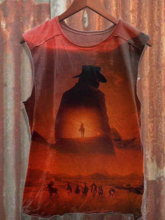Retro Western Cowboy Print Casual Cotton Tank Top