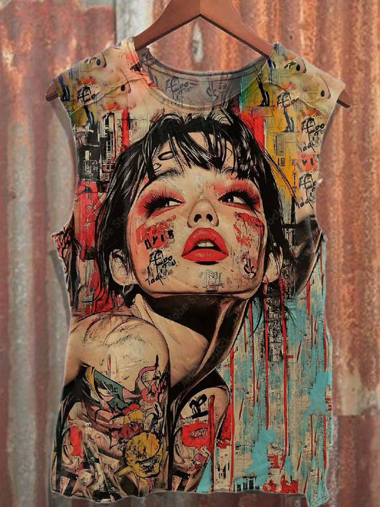 Retro Graffiti Print Casual Cotton Tank Top