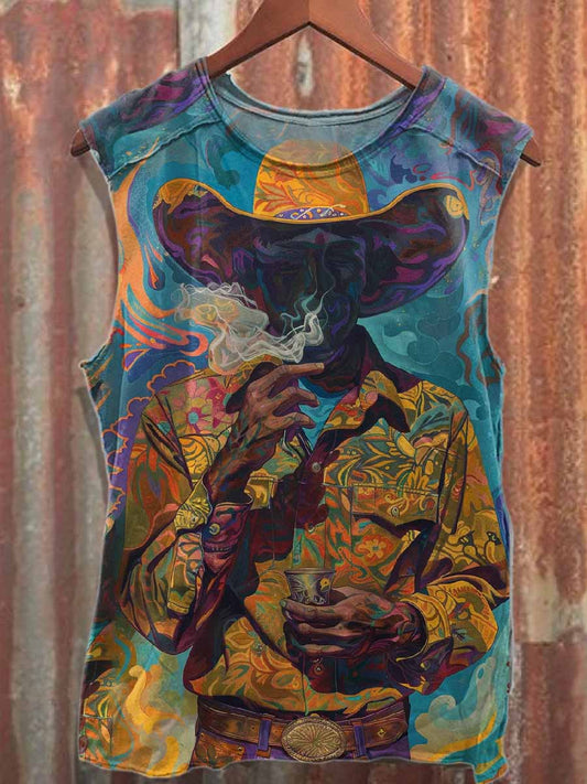 Retro Western Cowboy Print Casual Cotton Tank Top