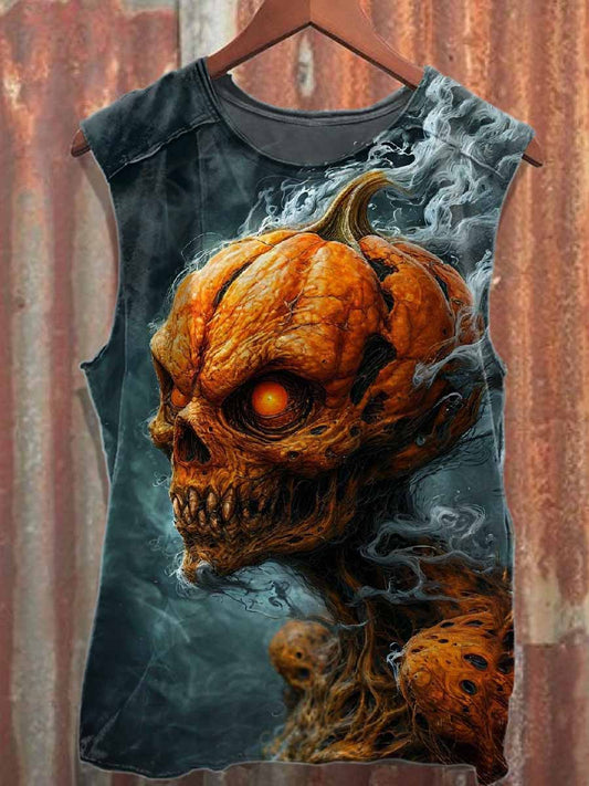 Retro Pumpkin Skull Print Casual Cotton Tank Top