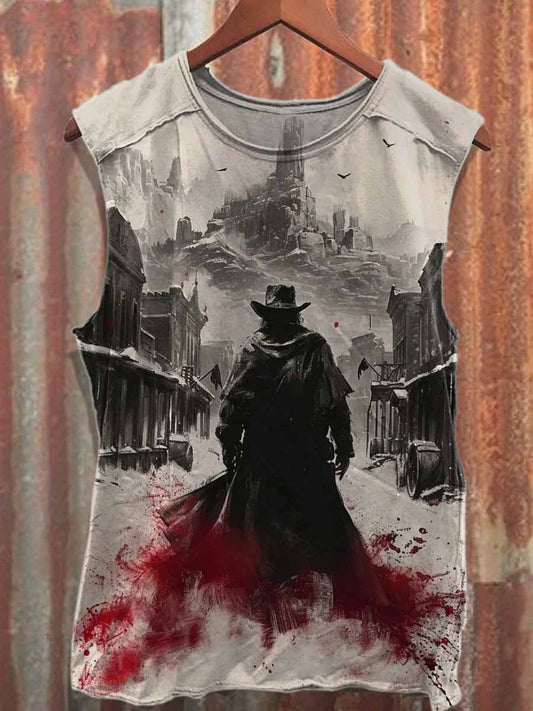 Retro Western Cowboy Print Casual Cotton Tank Top