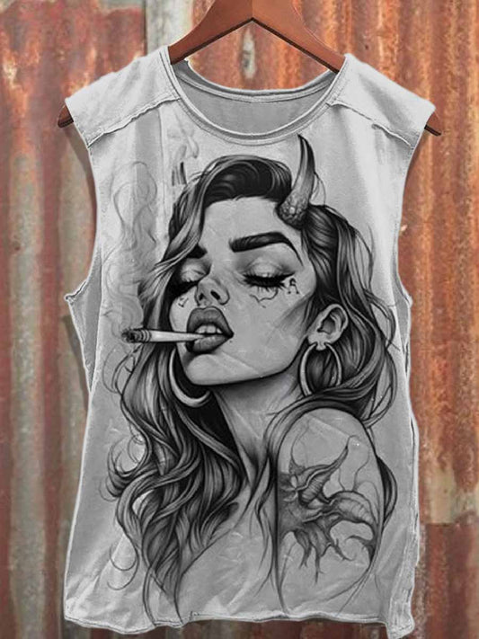 Retro Graffiti Print Casual Cotton Tank Top