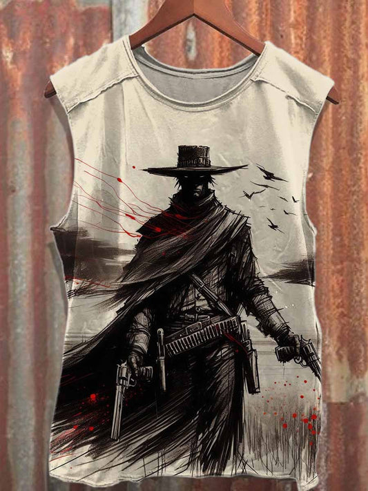 Retro Western Cowboy Print Casual Cotton Tank Top