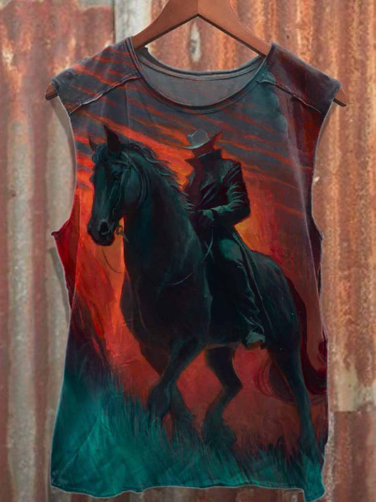 Retro Western Cowboy Print Casual Cotton Tank Top