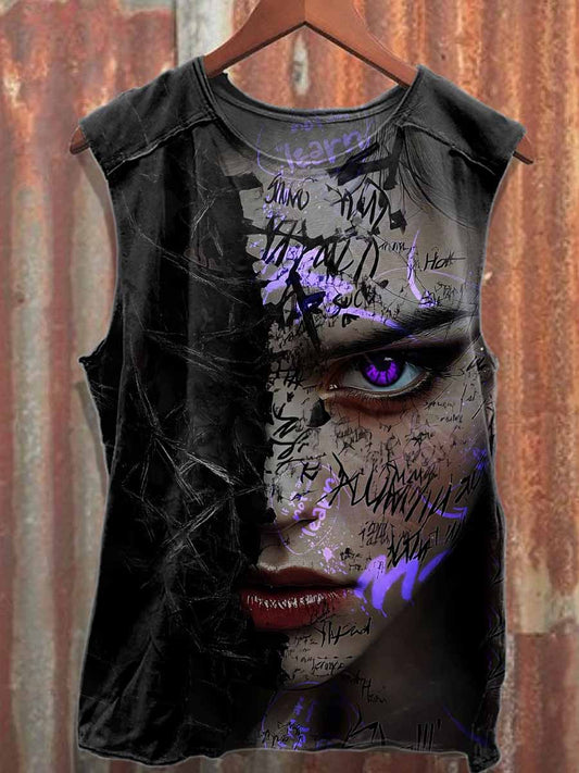 Retro Graffiti Print Casual Cotton Tank Top