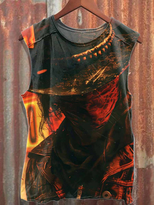 Retro Western Cowboy Print Casual Cotton Tank Top