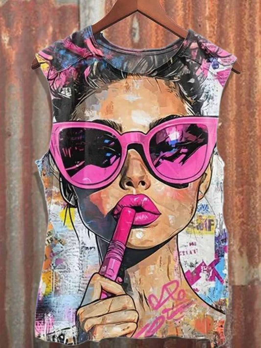 Retro Graffiti Print Casual Cotton Tank Top