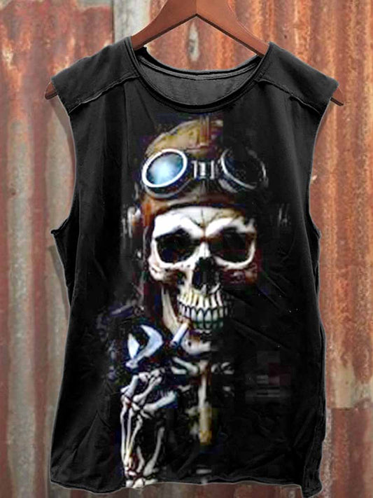 Vintage Skull Aviator Print Loose Cotton Tank Top