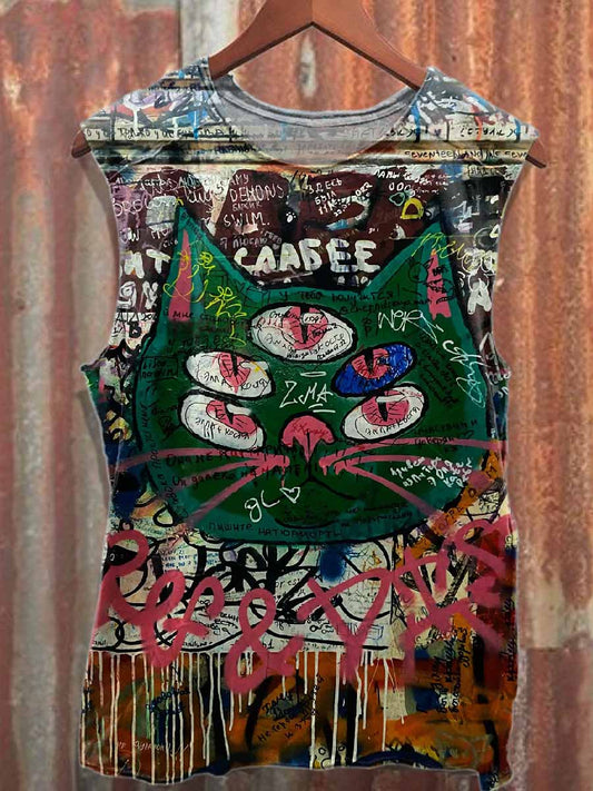 Retro Graffiti Print Cotton Tank Top