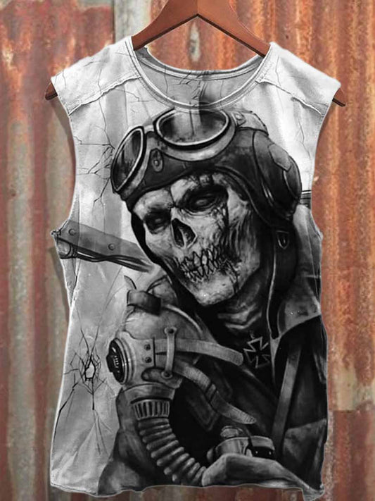 Vintage Skull Aviator Print Loose Cotton Tank Top