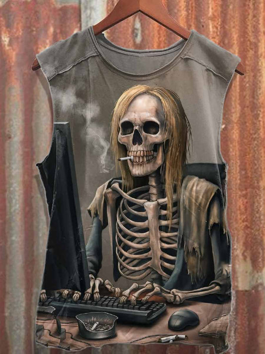 Vintage Workaholic Print Loose Cotton Tank Top