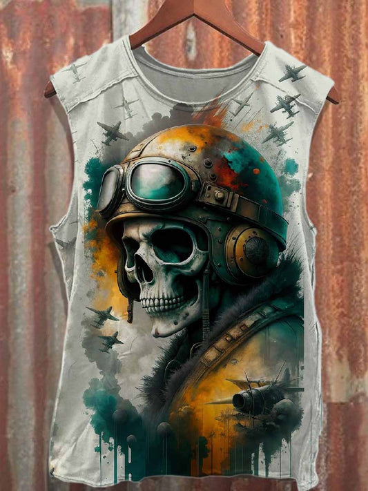 Vintage Skull Aviator Print Loose Cotton Tank Top