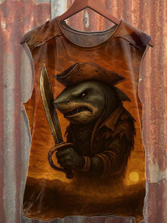 Retro Western Shark Print Casual Loose Cotton Tank Top