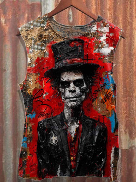 Retro Graffiti Print Loose Cotton Tank Top