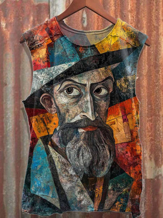 Retro Geometric Graffiti Print Loose Cotton Tank Top