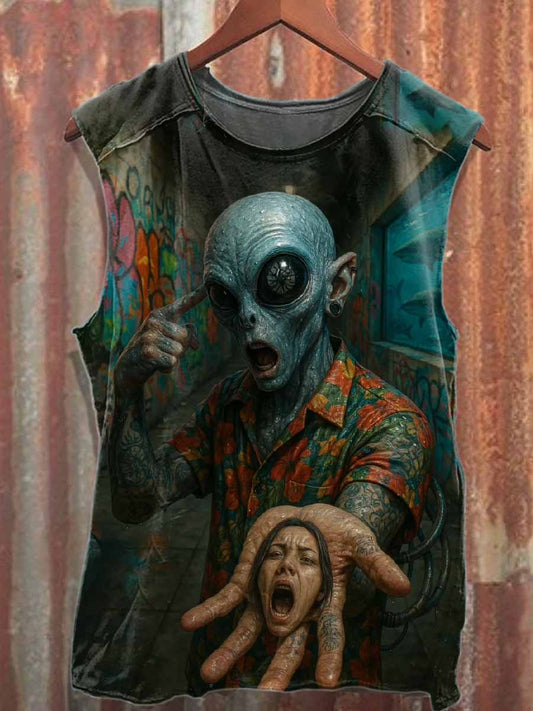 Men's Alien Print Loose Cotton Tank Top